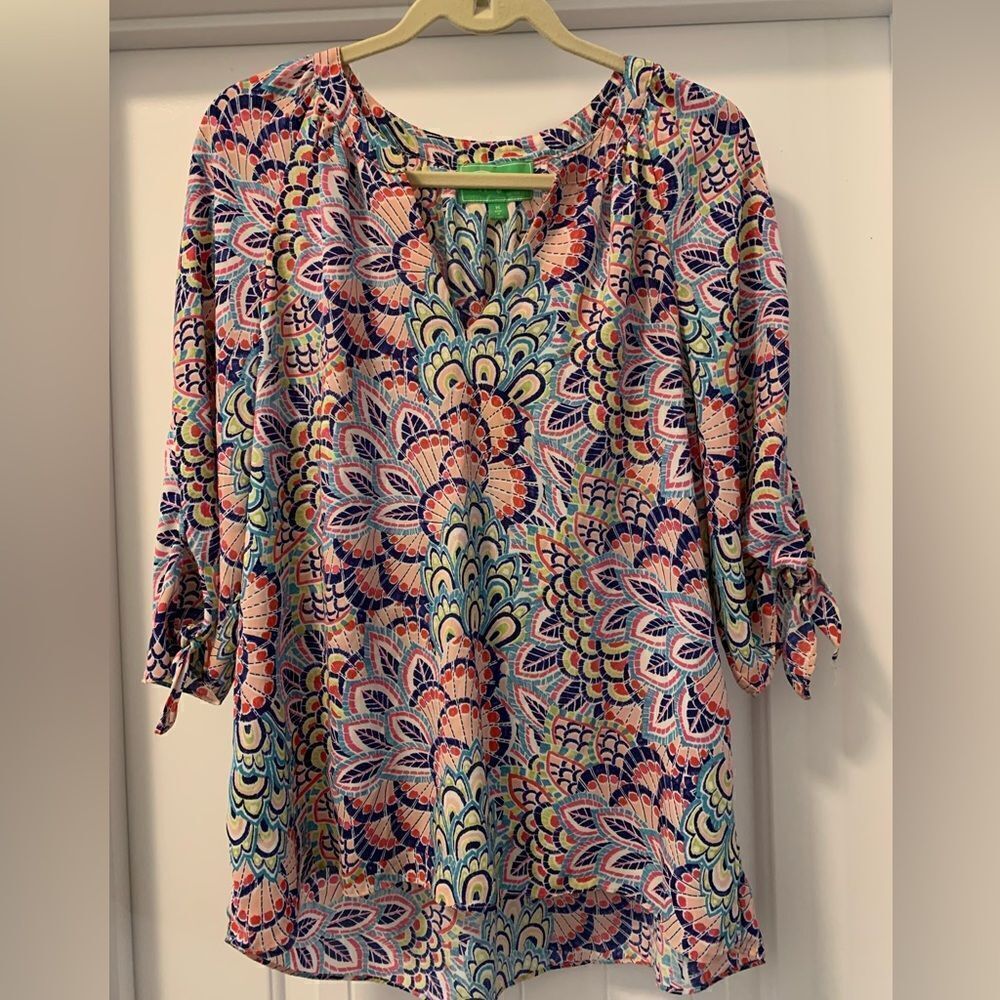 Pappagallo V-Neck Blouse 3/4 Sleeves with Ties Size Medium